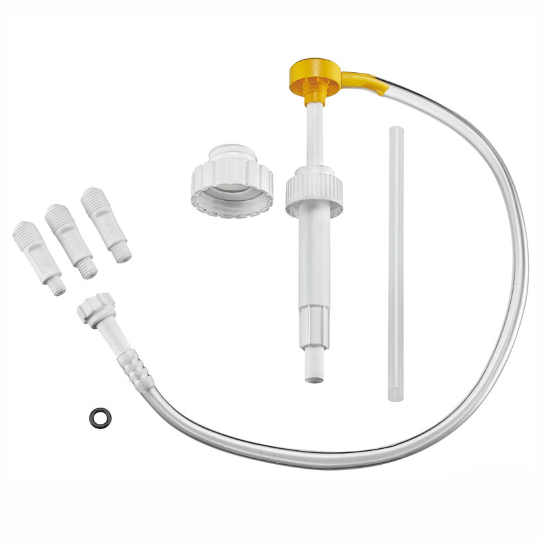 Kit pompa riempimento olio bianca con tubo flessibile trasparente, raccordi e tappo giallo