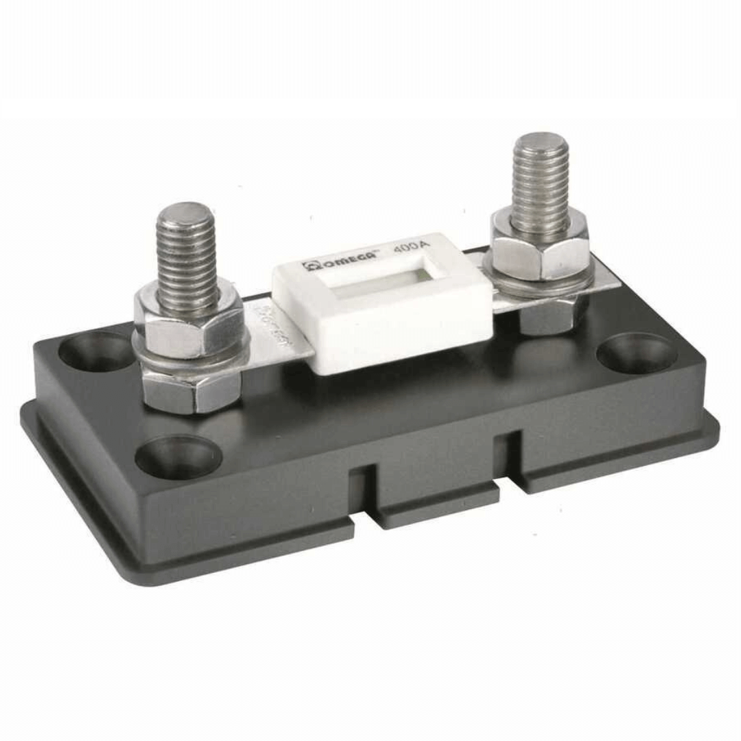 Portafusibile ANL Omega 400A con base nera isolata, due bulloni in acciaio inox e fusibile bianco centrale