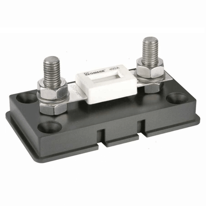 Portafusibile ANL Omega 400A con base nera isolata, due bulloni in acciaio inox e fusibile bianco centrale