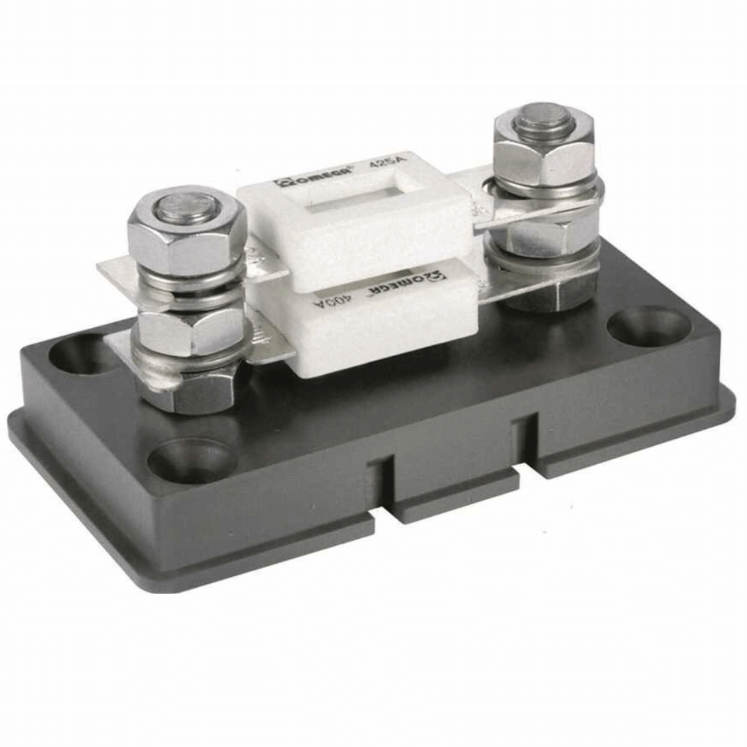 Portafusibile ANL Omega 400A bianco su base nera isolata con bulloni acciaio inox e gabbia protezione