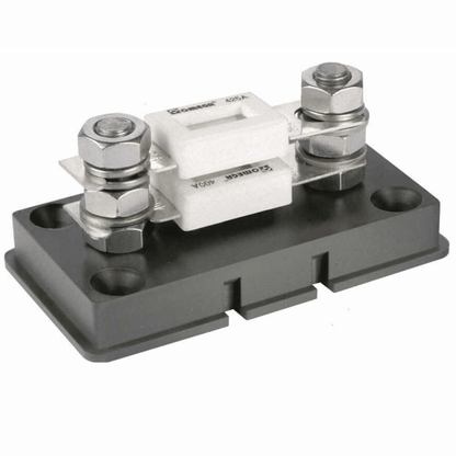 Portafusibile ANL Omega 400A bianco su base nera isolata con bulloni acciaio inox e gabbia protezione