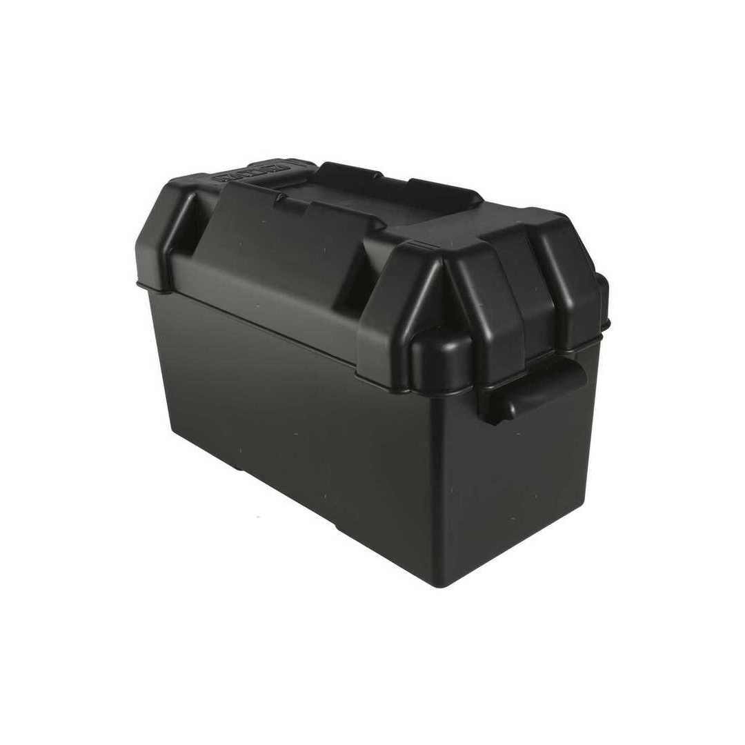Cassetta portabatteria nautica nera in plastica rigida con coperchio a scatto e maniglie laterali