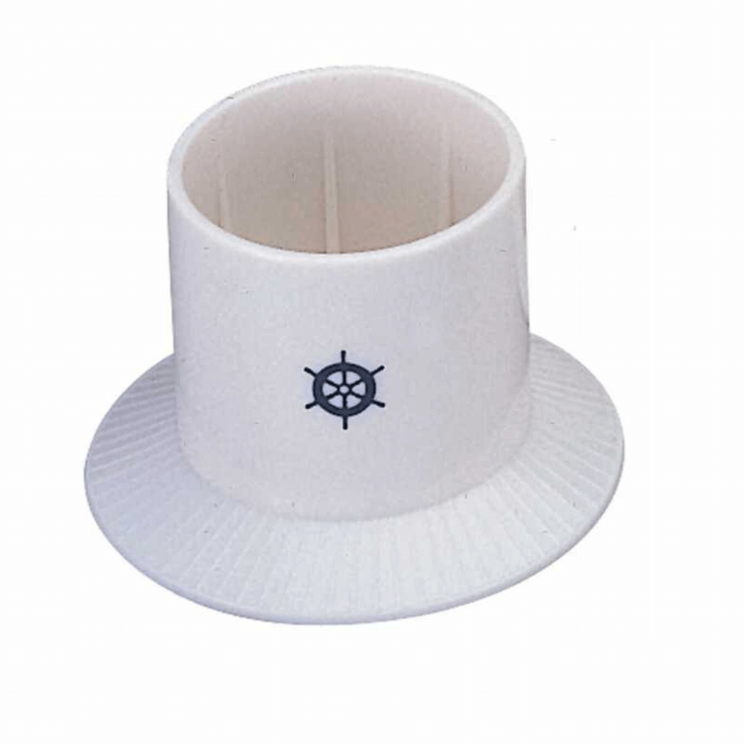 Portabicchieri a ventosa bianco in plastica con logo timone, forma cilindrica con base larga