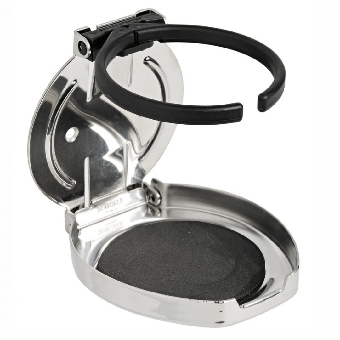 Portabicchieri pieghevole in acciaio inox cromato aperto con anello nero antiscivolo e base tonda