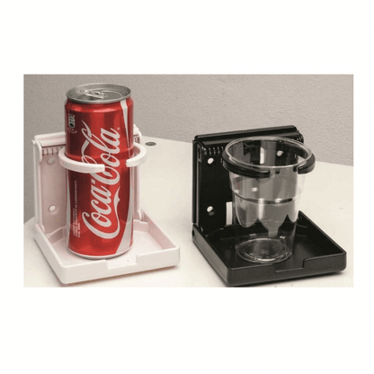 Portabicchieri pieghevole nautico bianco e nero in plastica con lattina Coca-Cola e bicchiere trasparente