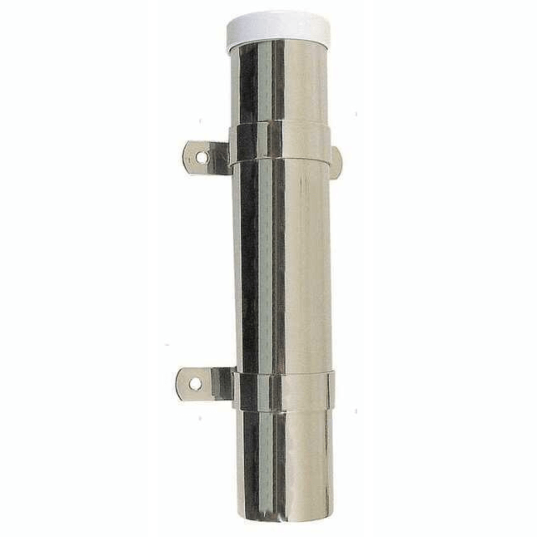Supporto portacanna a parete in acciaio inox lucido con fascette di fissaggio e tappo bianco superiore