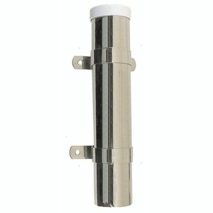 Supporto portacanna a parete in acciaio inox lucido con fascette di fissaggio e tappo bianco superiore