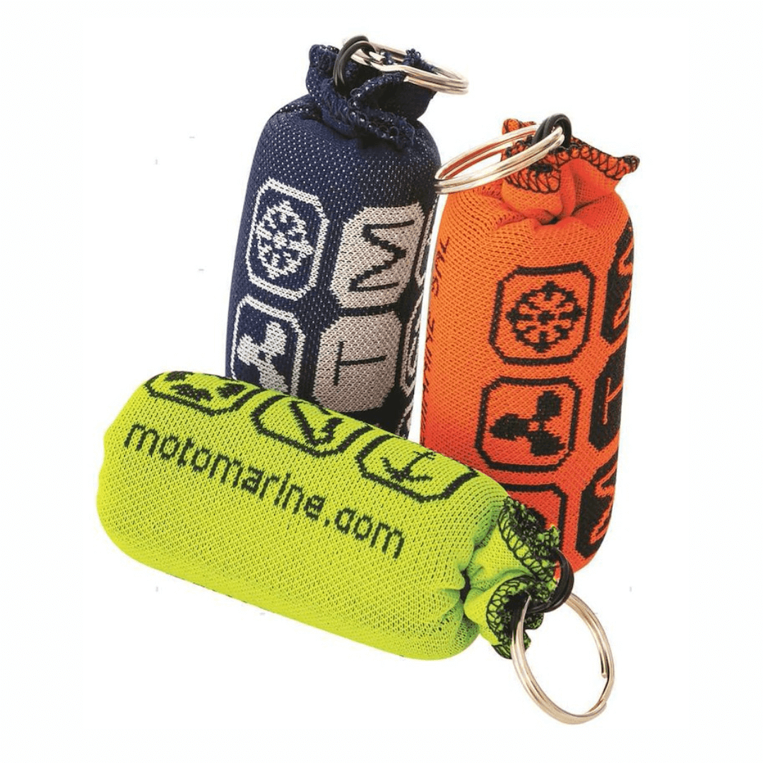 Portachiavi galleggiante mini in rete gialla con anello metallico e logo motomarine.com
