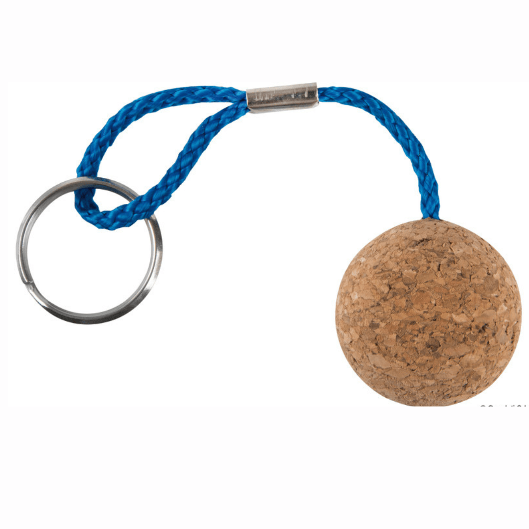 Portachiavi galleggiante con palla in sughero naturale e cordino intrecciato blu, anello in acciaio