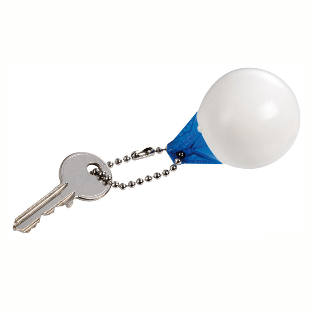 Portachiavi parabordo tondo bianco e blu con catena a sfere argentata e chiave in metallo