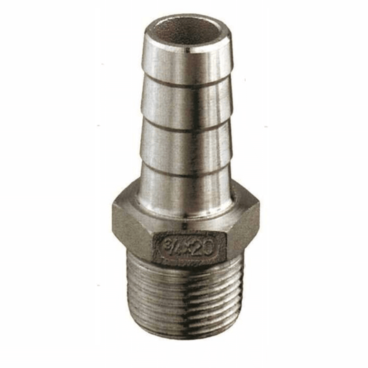 Portagomma maschio filettato in acciaio inox AISI 316, raccordo conico con filettatura esterna 3/4