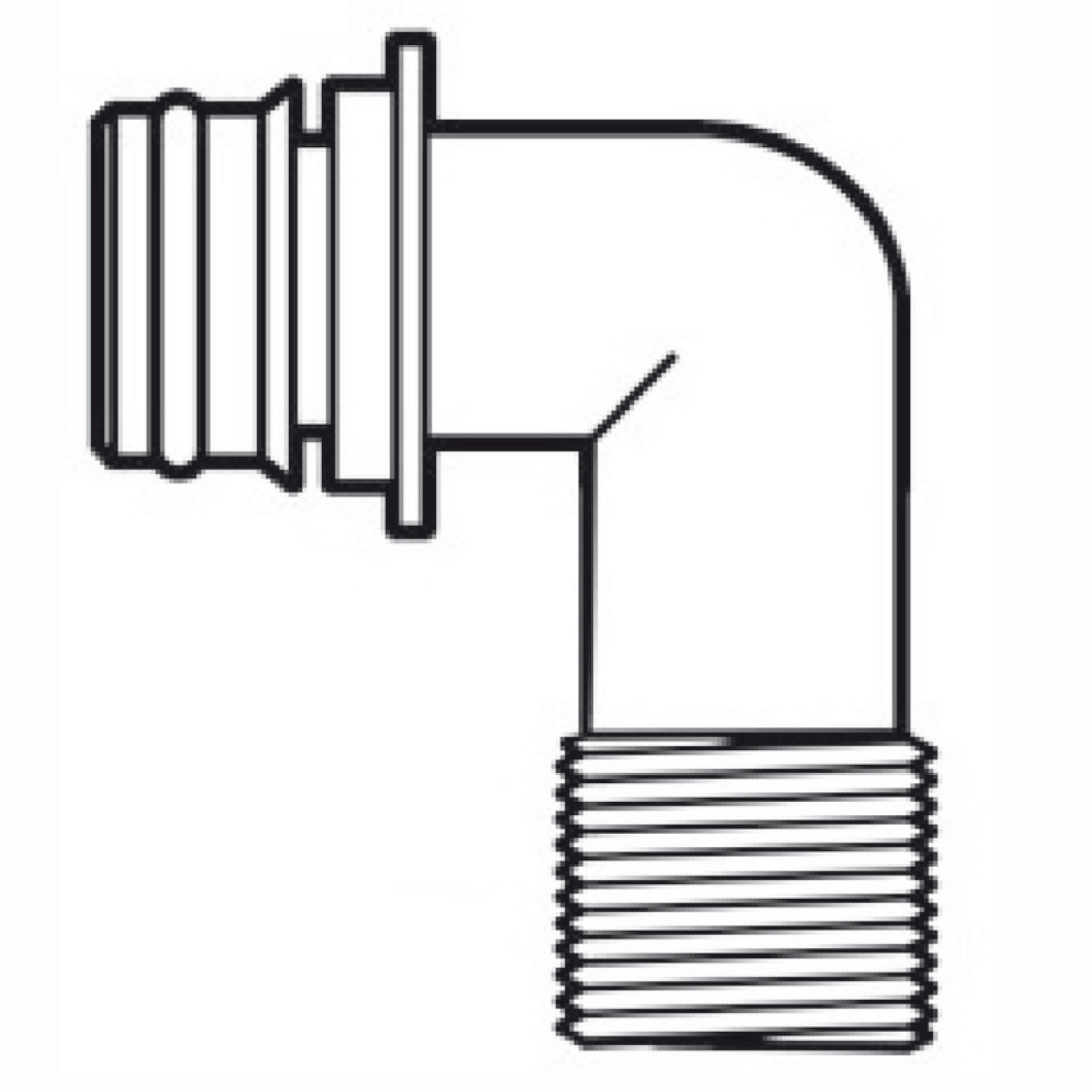 Raccordo rapido a gomito 90° con filettatura maschio e innesto a scatto, disegno tecnico in bianco e nero