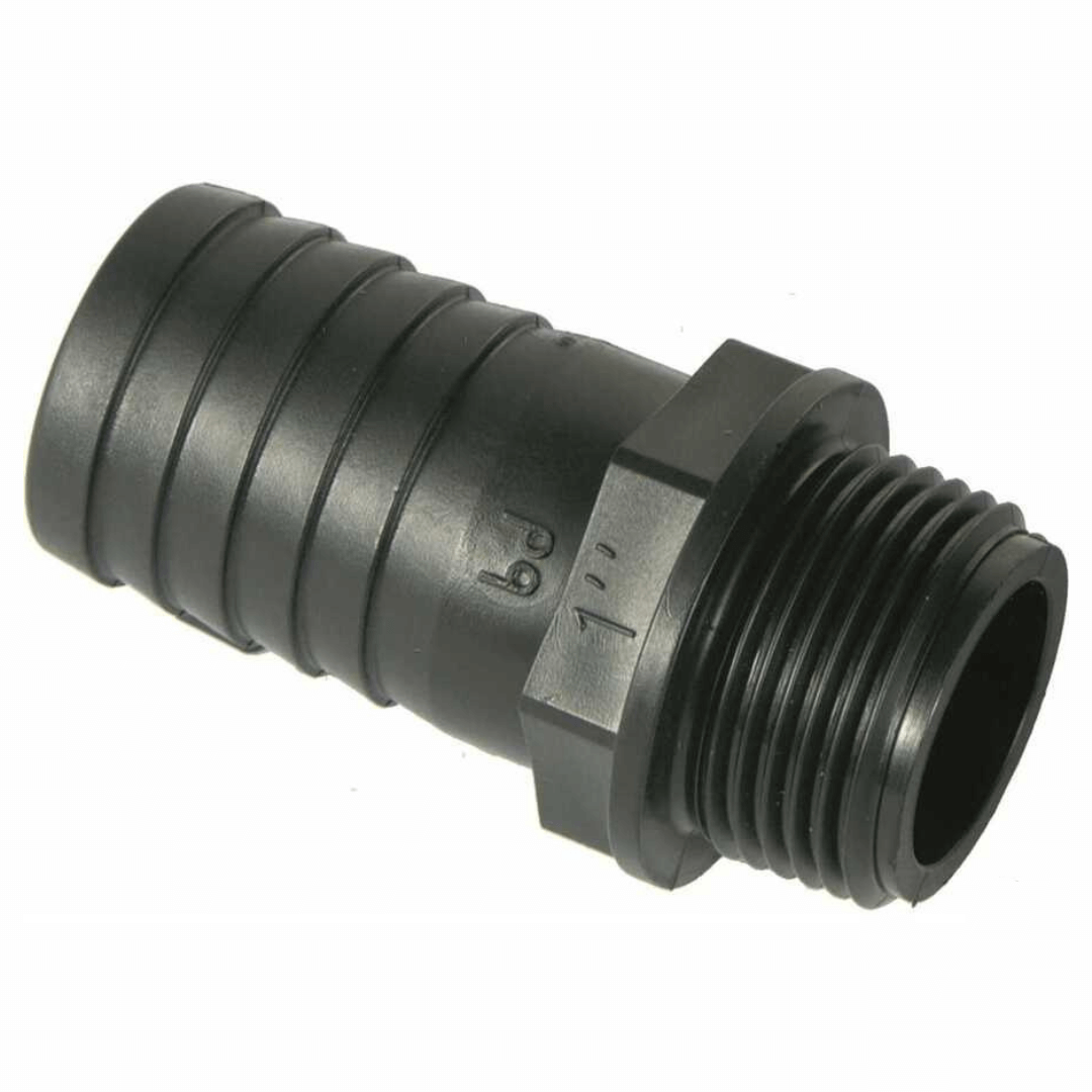 Portagomma filetto maschio 1" in polipropilene nero per raccordi idraulici, con innesto a nervature