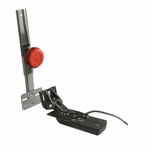 Portatrasduttore telescopico di poppa in acciaio inox con trasduttore Garmin nero e manopola rossa