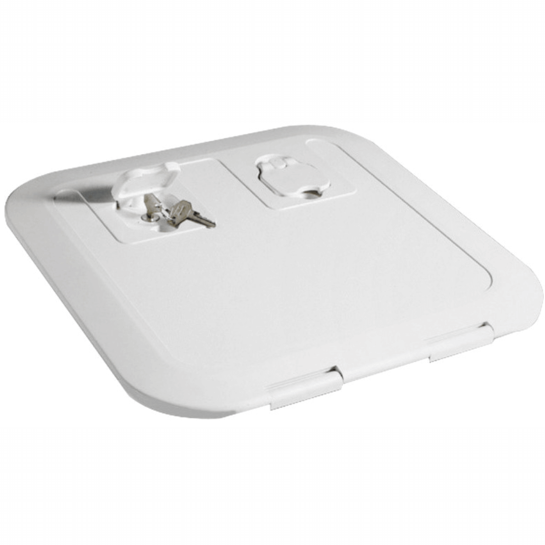 Portello coprivia bianco in plastica 600x350mm con serratura a chiave e apertura integrata