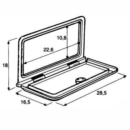 Scheda tecnica portello stagno universale per radio VHF con dimensioni 28,5x18 cm e apertura ribaltabile
