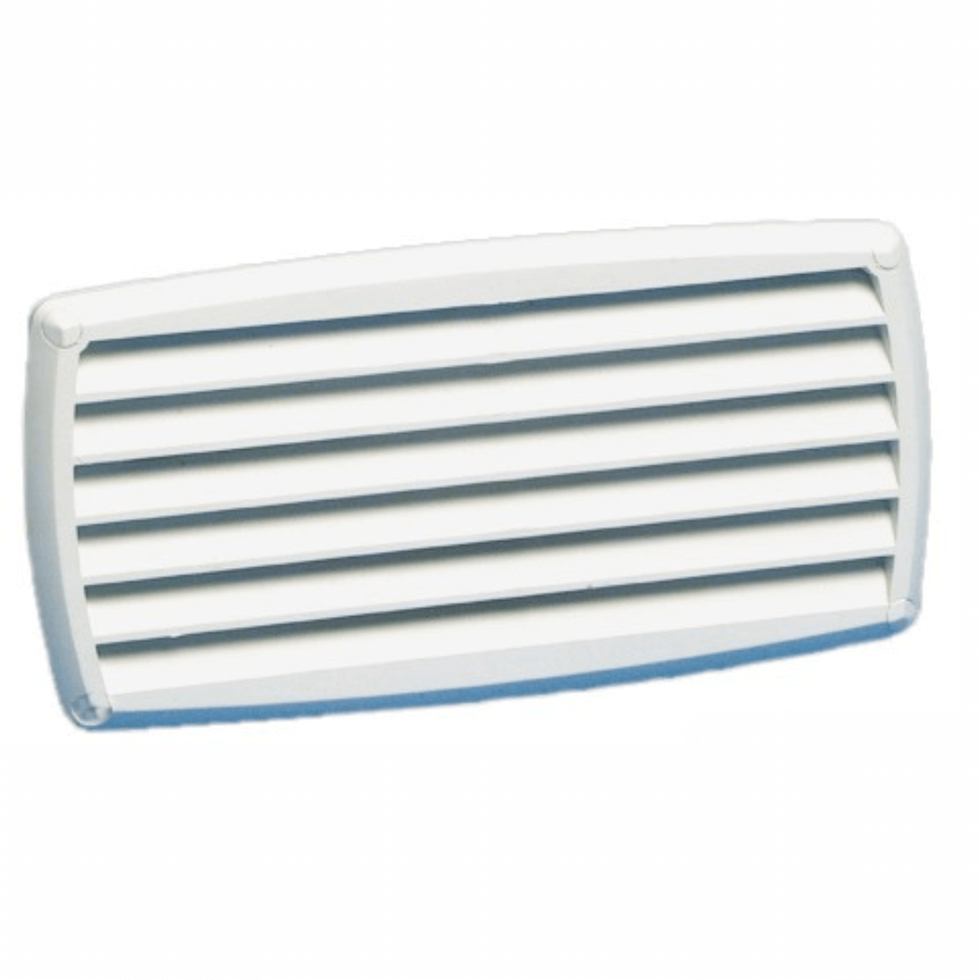 Presa aria a griglia in ABS bianco con alette orizzontali, forma rettangolare arrotondata 201x101 mm