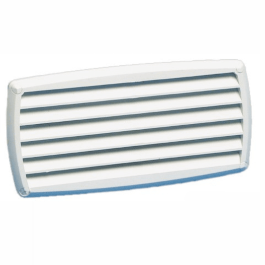 Presa aria a griglia in ABS bianco con alette orizzontali, forma rettangolare arrotondata 201x101 mm