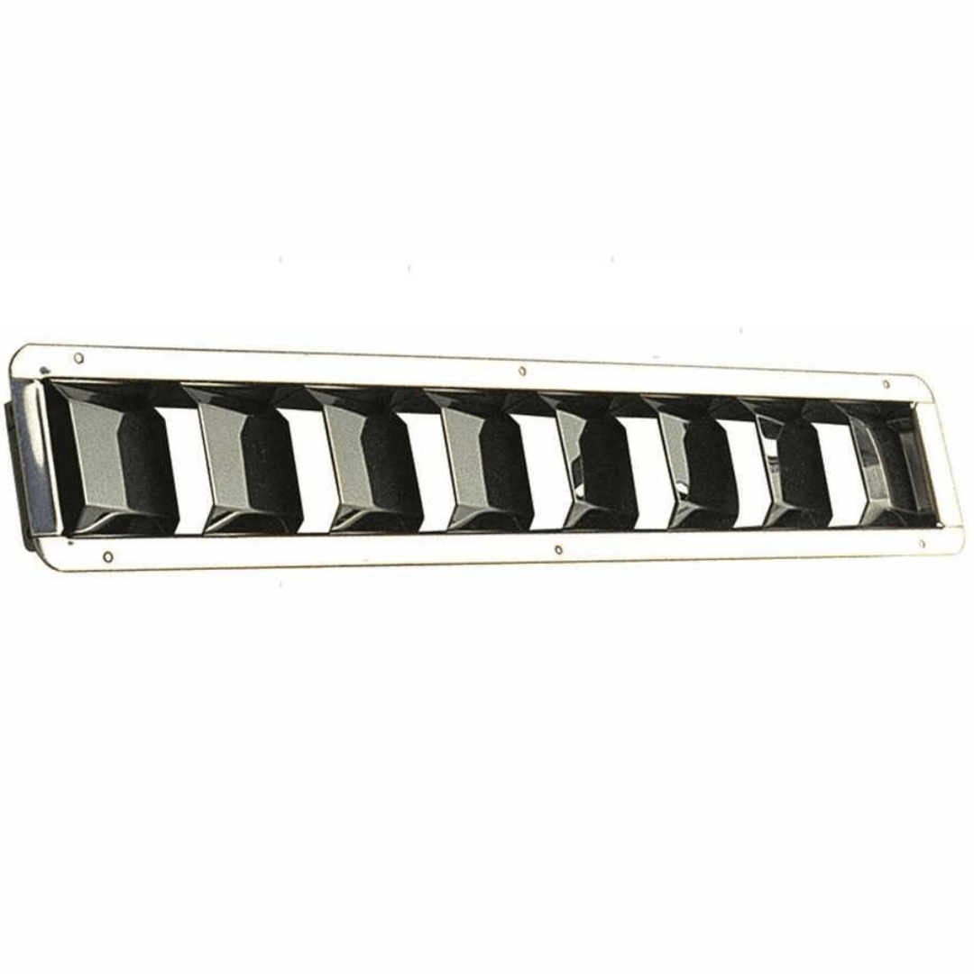Presa aria inox orizzontale 430x75 mm con alette lamellari cromate su sfondo nero