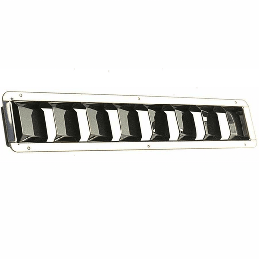 Presa aria inox orizzontale 430x75 mm con alette lamellari cromate su sfondo nero