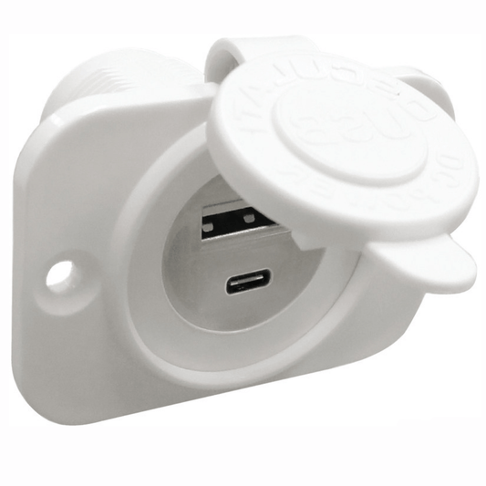 Presa incasso doppia USB Type-A e Type-C bianca con coperchio protettivo, pannello di montaggio