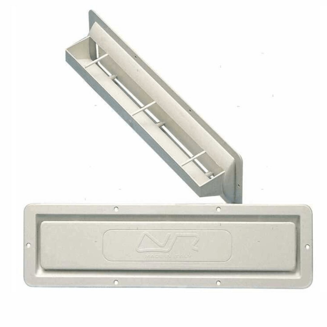 Presa aria a incasso ABS bianca 120x420mm con griglia interna, vista frontale e laterale
