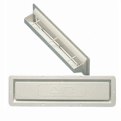 Presa aria a incasso ABS bianca 120x420mm con griglia interna, vista frontale e laterale