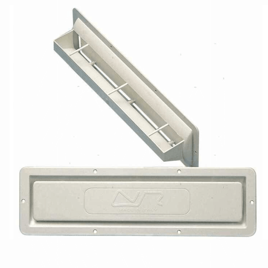 Presa aria a incasso ABS bianca 120x420mm con griglia interna, vista frontale e laterale