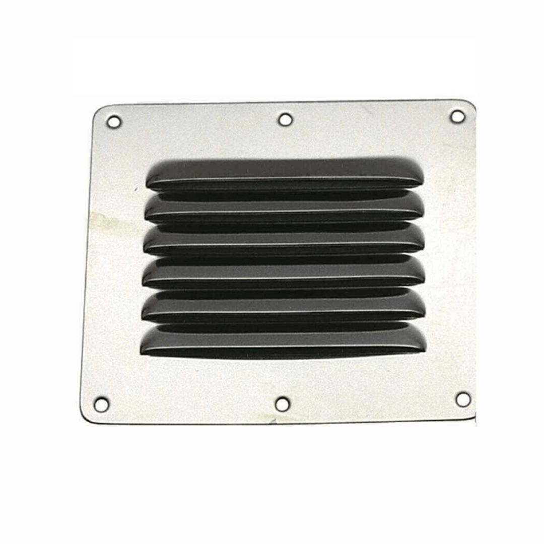 Presa aria inox con griglia nera a lamelle orizzontali, flangia quadrata con fori di fissaggio 127x115mm