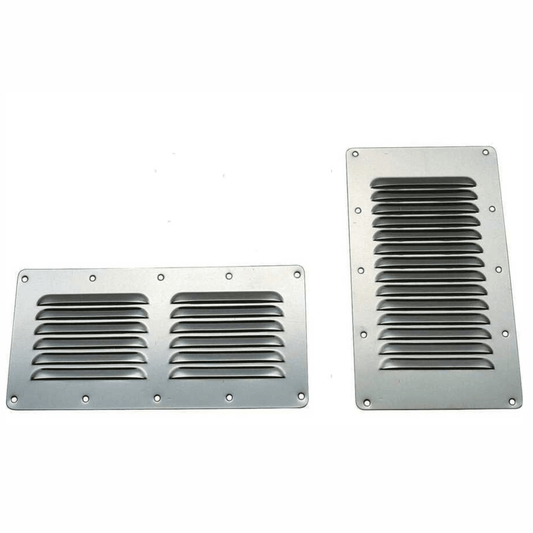 Prese aria inox griglia larga 232x128H mm rettangolari con alette metalliche grigie, due misure a confronto