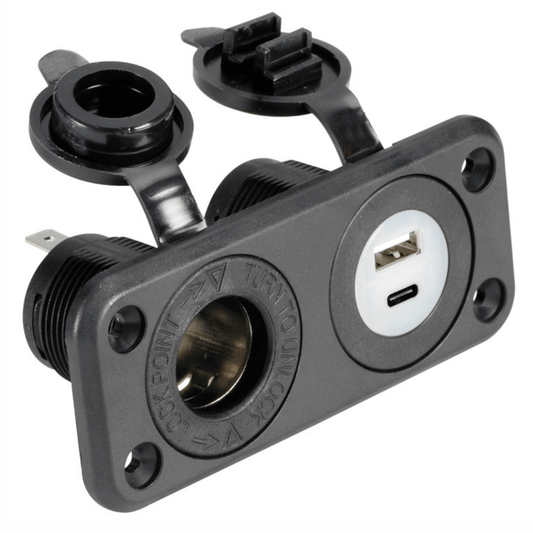 Presa incasso nautica nera con accendisigari, USB-A e USB-C, pannello plastica con cover protettiva