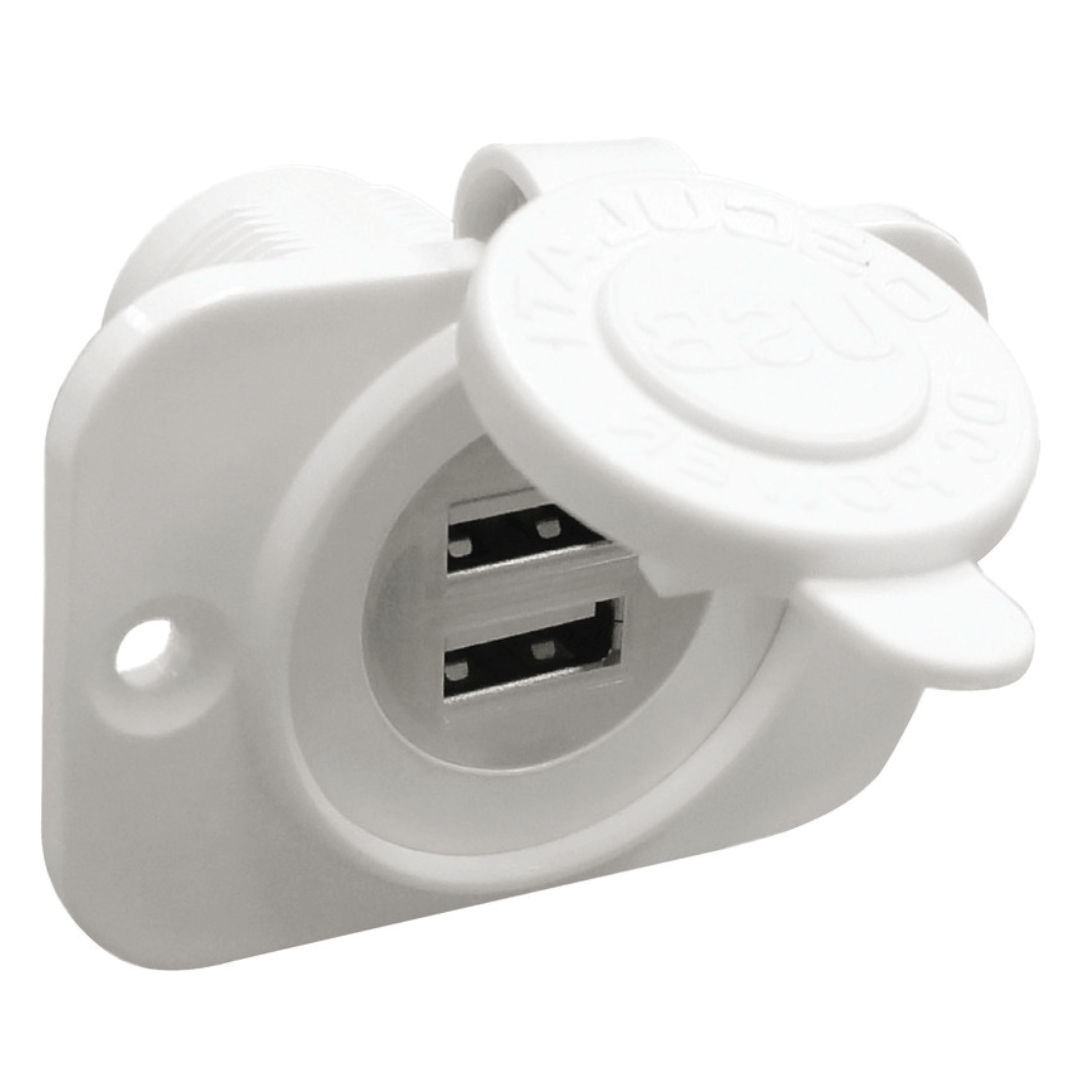 Presa incasso doppia USB bianca in plastica con coperchio protettivo e flange di fissaggio