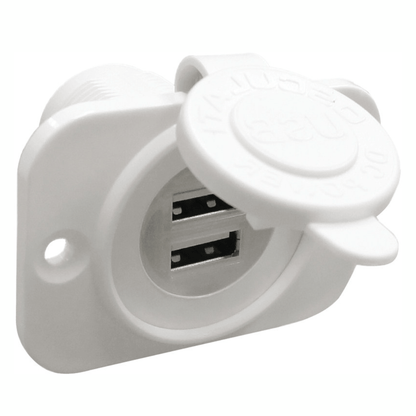 Presa incasso doppia USB bianca in plastica con coperchio protettivo e flange di fissaggio
