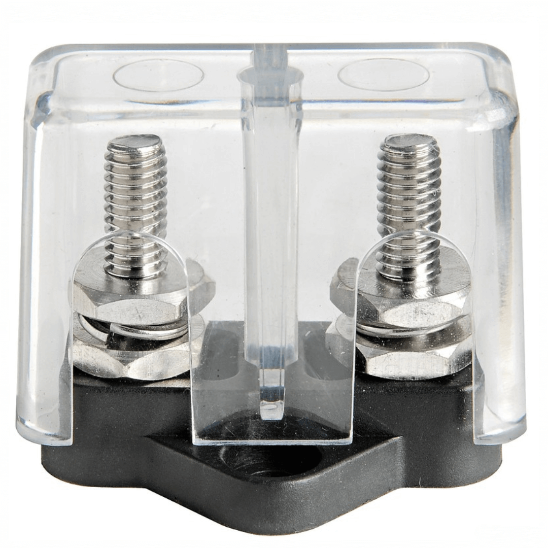 Protezione trasparente per nodo derivazione Midi con due morsetti in acciaio inox e base nera
