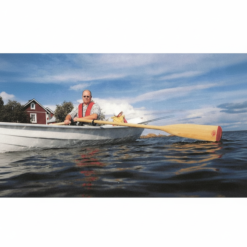 Remo Lahna Seagrade in pino finlandese color miele con punta rossa, usato da uomo in barca su lago