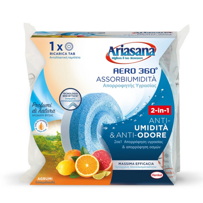 Ricarica tab Ariasana Aero 360° assorbiumidità agrumi, tavoletta blu rotonda, anti-umidità e anti-odore