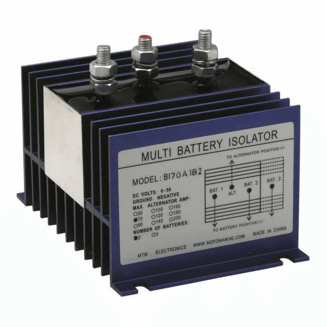 Ripartitore di carica MTM Electronic blu con dissipatore in alluminio, 3 terminali, modello BI70A1B2