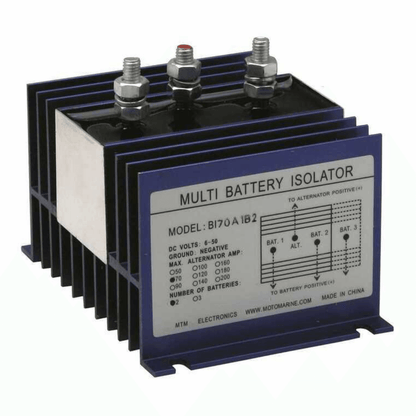 Ripartitore di carica MTM Electronic blu con dissipatore in alluminio, 3 terminali, modello BI70A1B2