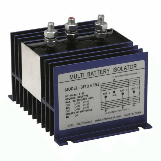 Ripartitore di carica MTM Electronic blu con dissipatore in alluminio, 3 terminali, modello BI70A1B2