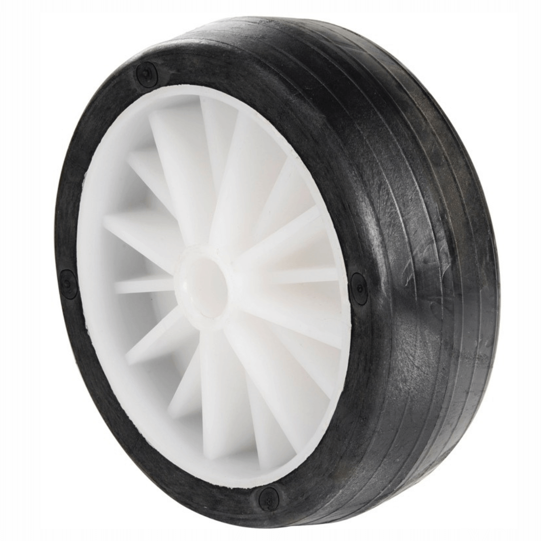 Ruotino ricambio timone carrello Ø150mm, cerchio bianco con raggi in plastica e gomma nera liscia
