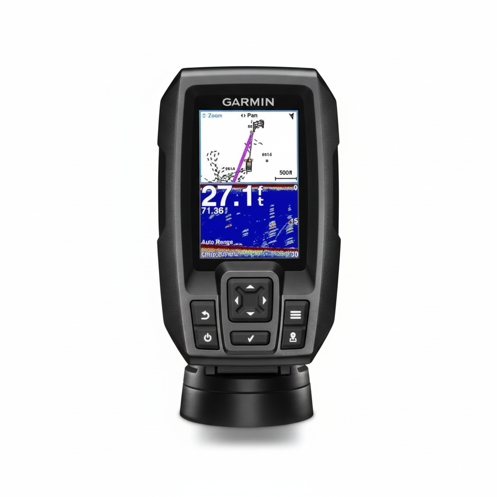 Echosounder Garmin Striker 4 nero con display a colori GPS e sonar, vista frontale con supporto