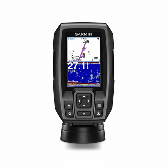 Echosounder Garmin Striker 4 nero con display a colori GPS e sonar, vista frontale con supporto