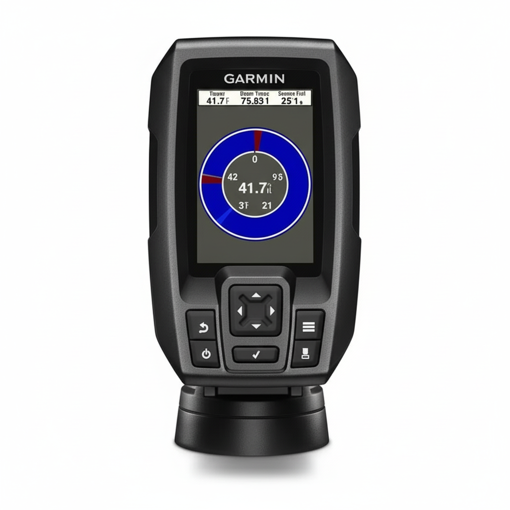 Ecofisonda Garmin Striker 4 nera con display a colori, circolare blu, e supporto a ventosa
