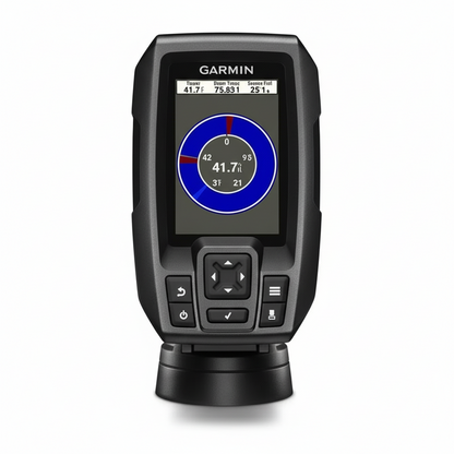 Ecofisonda Garmin Striker 4 nera con display a colori, circolare blu, e supporto a ventosa