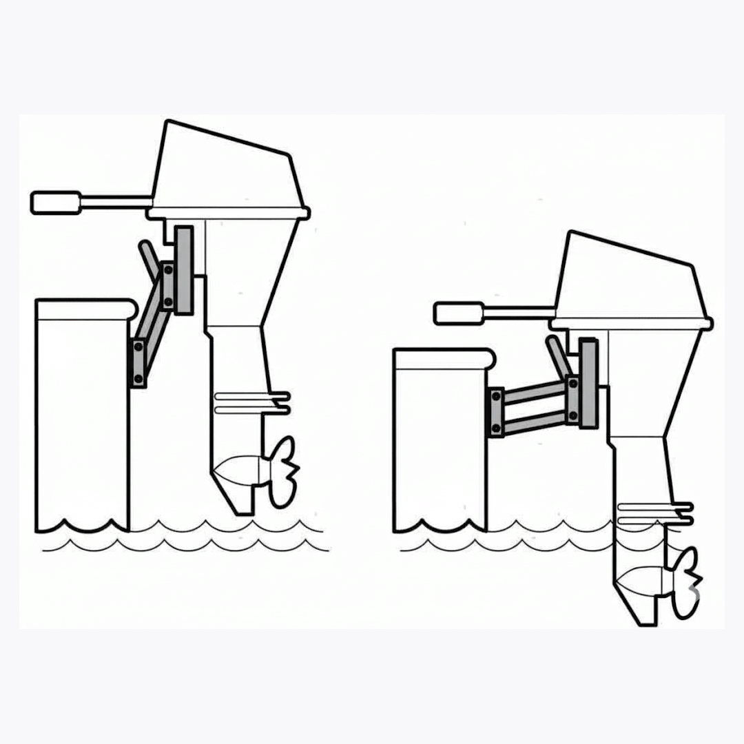 Disegno tecnico supporto motore pantografo 15HP con piastra in legno, vista laterale doppia posizione