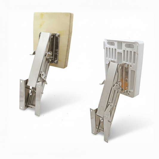Supporto motore a pantografo 6HP in acciaio inox con piastra bianca e beige, vista posteriore aperta