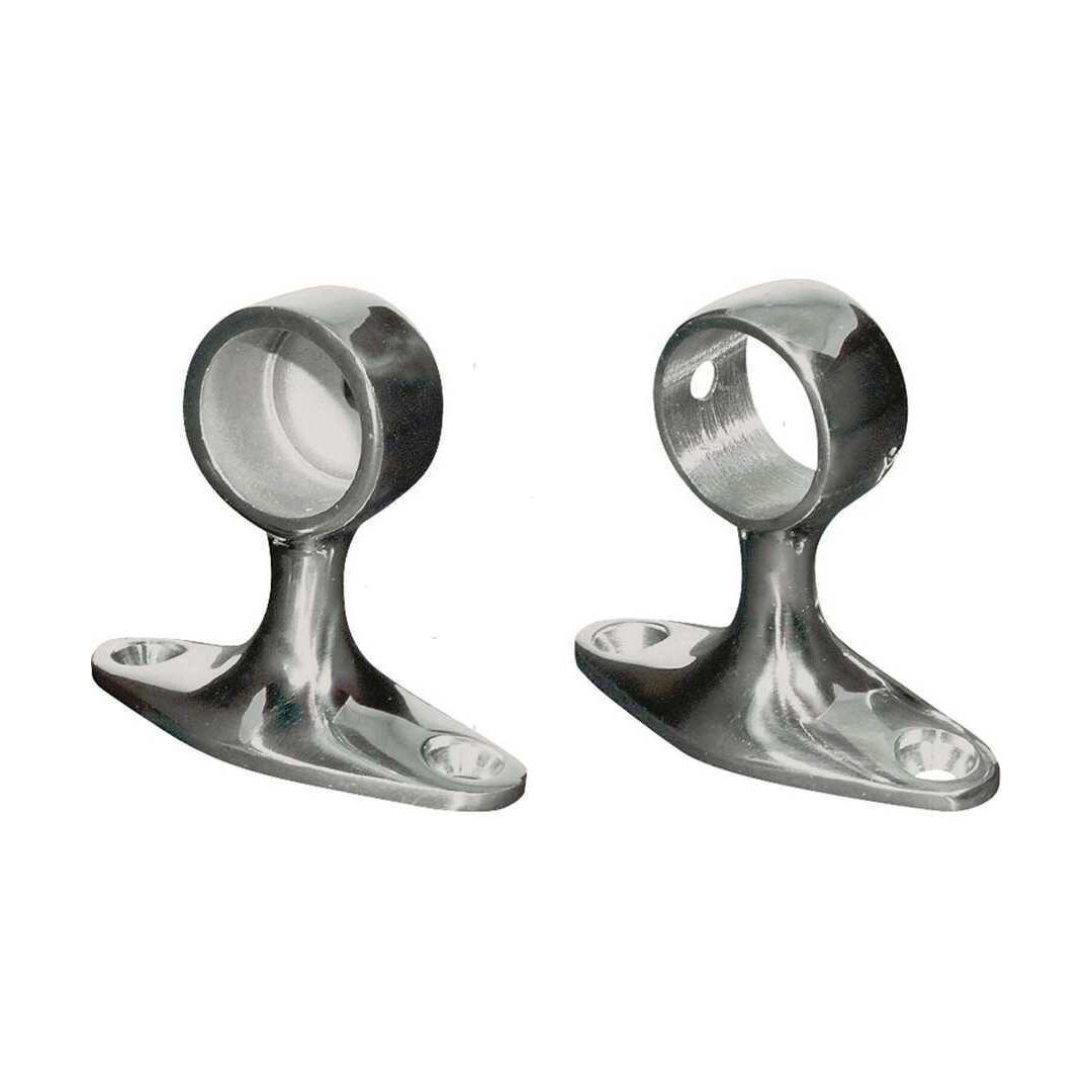 Coppia supporti passamano classici in acciaio inox lucido con base ovale e anello cilindrico