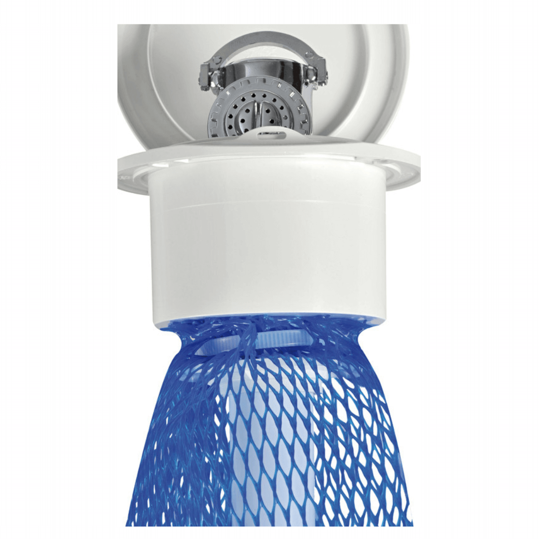 Sacca portadoccia blu a rete con alloggiamento bianco in plastica per tubo flessibile