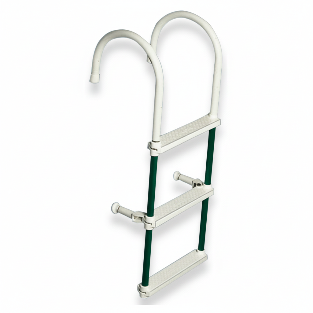 Scaletta nautica 3 gradini in alluminio bianco e verde, pieghevole con ganci, leggera e galleggiante
