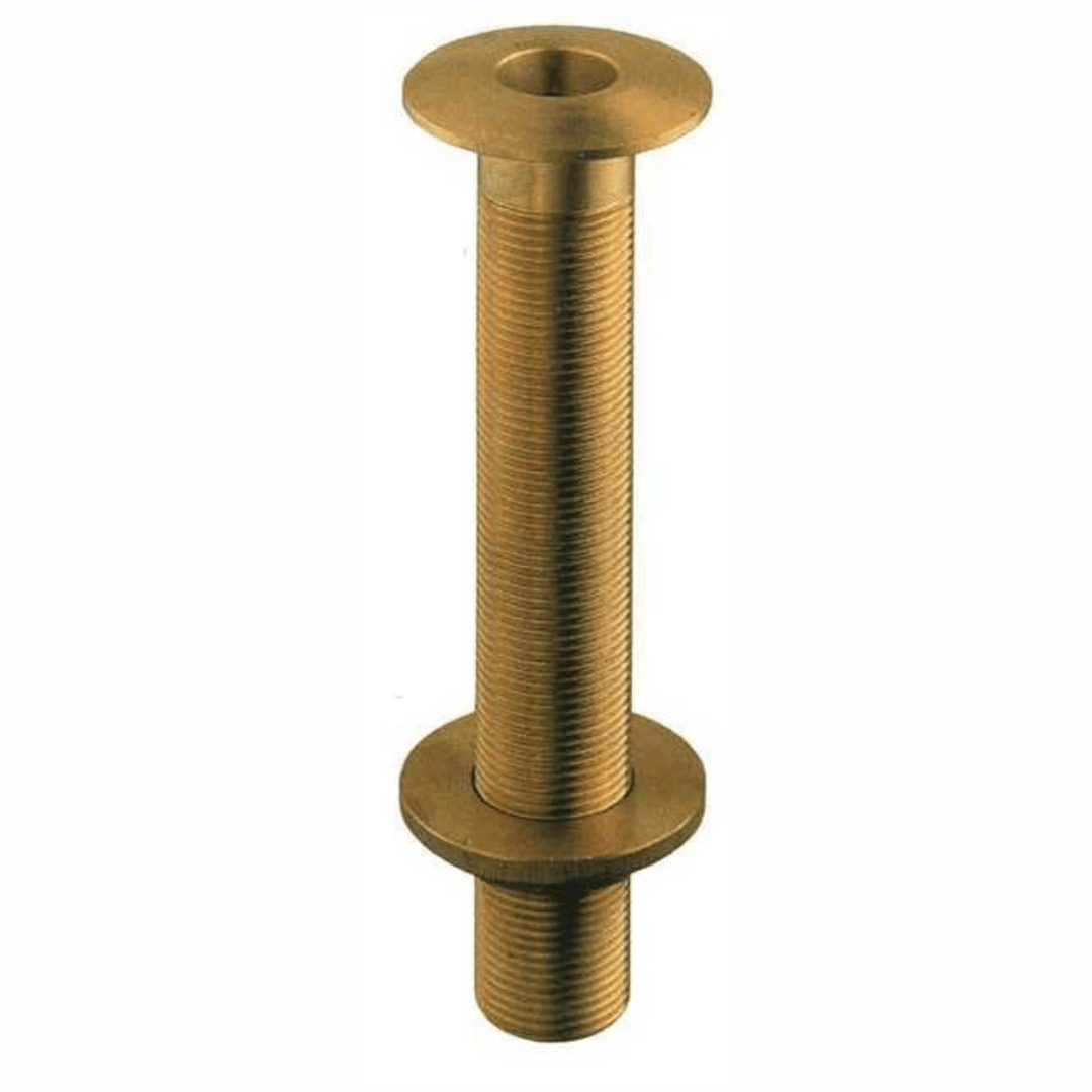 Scarico lungo in ottone dorato 1"-1/4 con flangia e filettatura esterna, forma cilindrica allungata
